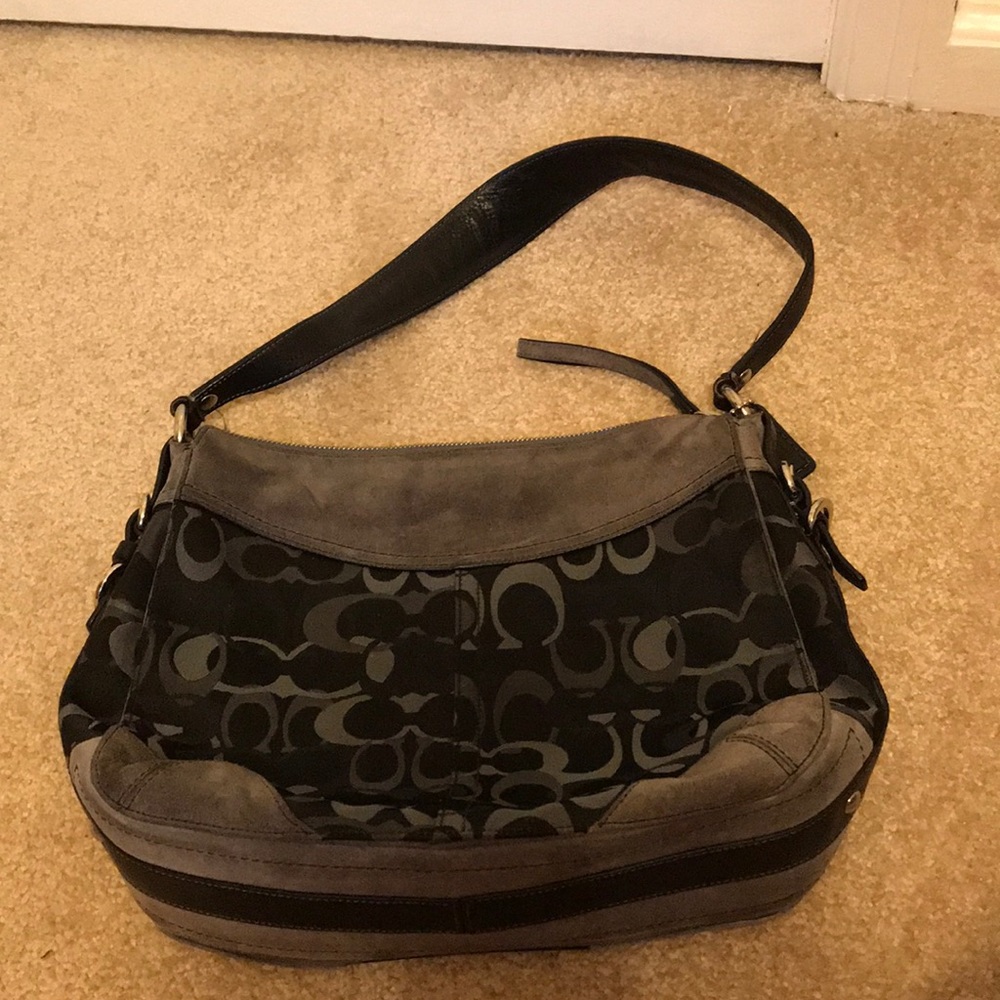 coach black and gray purse with silver hardware